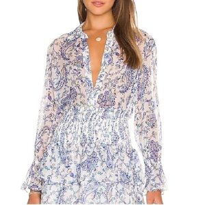 NWT MILLY Blue White lacey sketched paisley blouse in white multi Sz S
